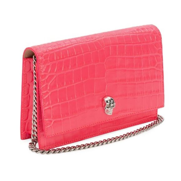 Alexander McQueen Skull Croc-Embossed Leather Chain Crossbody Neon Pink - Picture 2 of 12